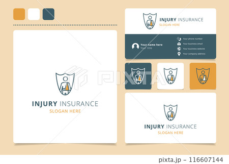 Injury insurance logo concept featuring a person holding crutches inside a shield 116607144