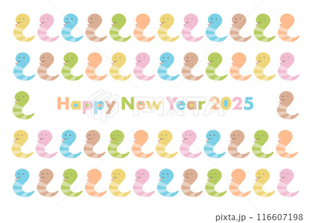 2025年巳年の年賀状イラスト: カラフルなかわいい蛇の模様 2025年巳年の年賀状イラスト: カラフルなかわいい蛇の模様 116607198