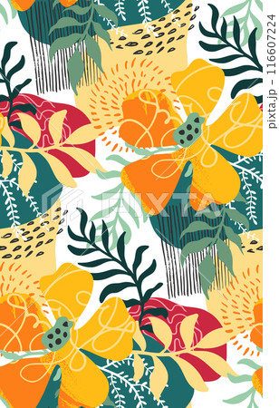Vector seamless pattern with bright flowers and leaves. Endless floral background. 116607224