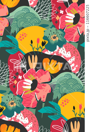 Vector seamless pattern with bright flowers and leaves. Endless floral background. 116607225