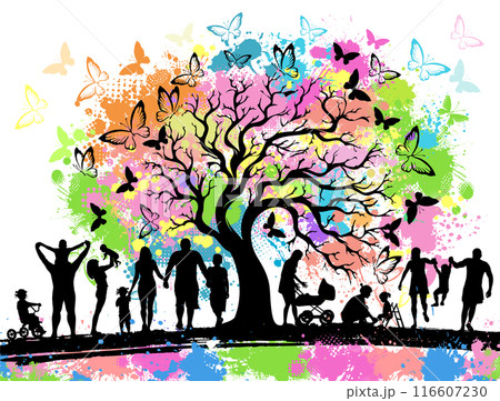 Happy Family silhouettes. Childhood. colorful tree. hand drawing. Not AI. Vector illustration 116607230