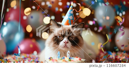 Grumpy Cat Birthday Party Celebration With...のイラスト素材 [116607284] - PIXTA