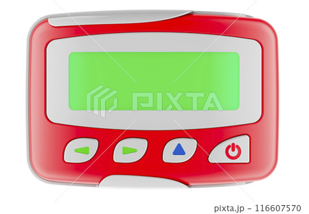 Red Pager, beeper with blank screen. Front view, 3D rendering 116607570