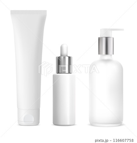 Realistic cosmetic bottle set. Pump bottle, serum 116607758