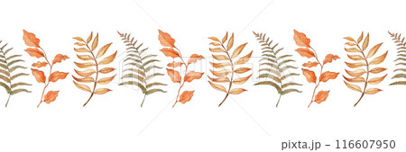 Rowan branch, fern, leaves, seamless border, yellow, green, orange, autumn, the illustration is painted in watercolor on a white background. For postcards, invitations, holidays, textiles, interiors. Rowan branch, fern, leaves, seamless border, yellow, green, orange, autumn, the illustration is painted in watercolor on a white background. For postcards, invitations, holidays, textiles, interiors. 116607950
