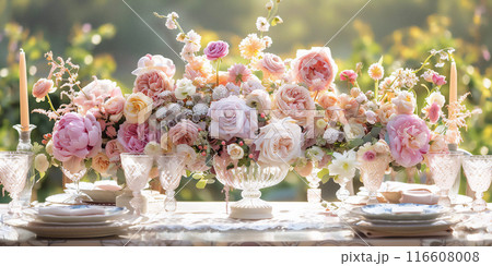 Beautifully set wedding table with elegant floral composition of pink peony roses, fine china and crystal glassware, placed in a luxurious garden. 116608008