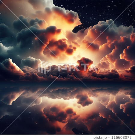 Night sky with clouds reflected in the water.	 116608075