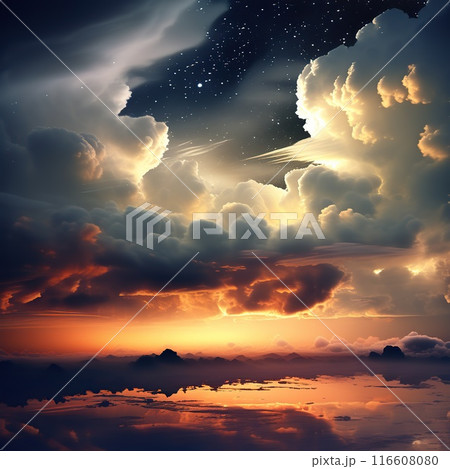 Fantasy sky with clouds and stars at sunset.	 116608080