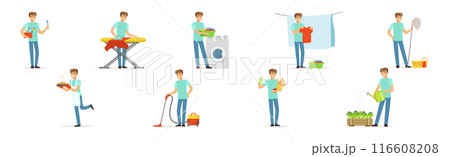 Man Character Doing Household and Domestic Chores Vector Set 116608208