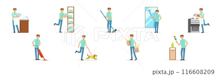 Man Character Doing Household and Domestic Chores Vector Set Man Character Doing Household and Domestic Chores Vector Set 116608209