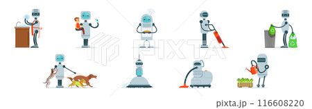 Robots Do Housework and Domestic Chores Vector Set 116608220