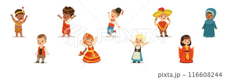 Kids Wearing National Costumes Of Different Countries Vector Set 116608244