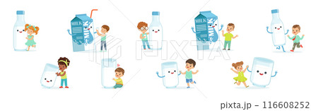 Little Children and Humanized Milk in Bottle and Carton Vector Set 116608252