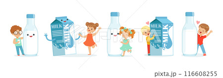 Little Children and Humanized Milk in Bottle and Carton Vector Set Little Children and Humanized Milk in Bottle and Carton Vector Set 116608255
