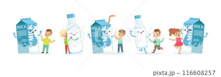 Little Children and Humanized Milk in Bottle and Carton Vector Set 116608257