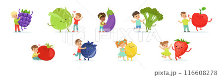Cute Little Children Having Fun and Playing with Big Fruits and Vegetables Vector Set 116608278