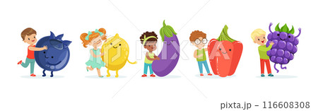 Cute Little Children Having Fun and Playing with Big Fruits and Vegetables Vector Set Cute Little Children Having Fun and Playing with Big Fruits and Vegetables Vector Set 116608308