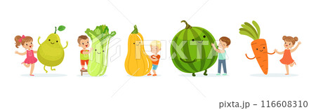 Cute Little Children Having Fun and Playing with Big Fruits and Vegetables Vector Set 116608310