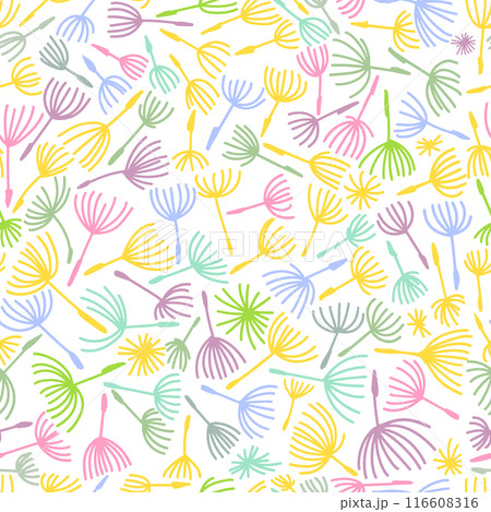 Elegant colored seamless pattern with flower branch. Scandinavian style vector background. Dandelion seamless pattern. hand drawing. Not AI, Vector illustration 116608316