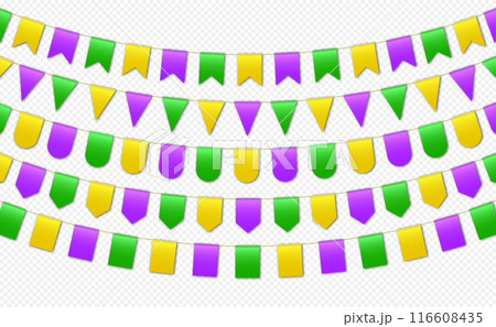 Bunting flags, carnival party flags, Mardi Gras festive pennants hanging on a rope. 116608435