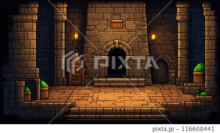dungeon, underground arcade video game, catacomb, dark scene, alien ship interior, pixel art 116608441