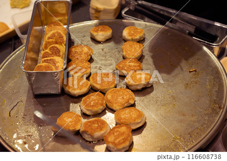 small round minced fish pancakes. freshly prepared 116608738
