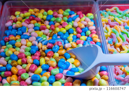 multi-colored dragee candies displayed for sale multi-colored dragee candies displayed for sale 116608747