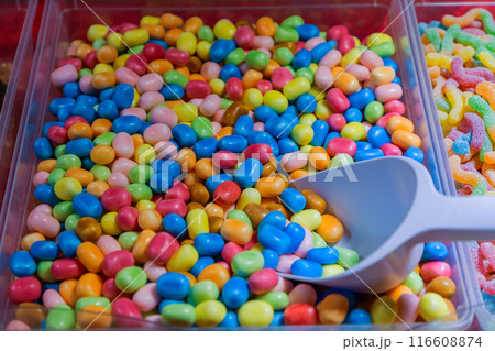 multi-colored dragee candies displayed for sale multi-colored dragee candies displayed for sale 116608874