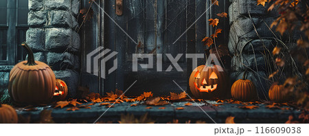 Generative Ai illustration. Scary Halloween dark park with pumpkins and trees in the night 116609038
