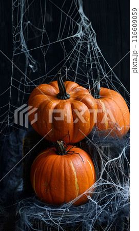 Generative Ai illustration. Scary Halloween dark park with pumpkins and trees in the night 116609059