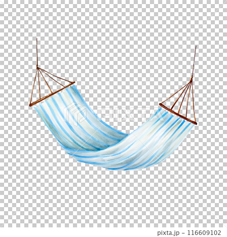 Striped hanging hammock. Watercolor lazy summer hand drawn blue illustration isolated on background. For designers, postcards, greetings, birthday, calendar, wallpapers, wrapping paper, scrapbooking Striped hanging hammock. Watercolor lazy summer hand drawn blue illustration isolated on background. For designers, postcards, greetings, birthday, calendar, wallpapers, wrapping paper, scrapbooking 116609102