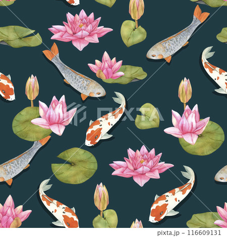 Watercolor koi carps and lotus flowers illustration. Seamless natural pattern. Hand drawn Asian oriental background with rainbow fishes 116609131
