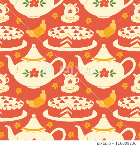 Seamless pattern with teapot, cake and teacup. Porcelain tea set. Tea party. Seamless pattern with teapot, cake and teacup. Porcelain tea set. Tea party. 116609236