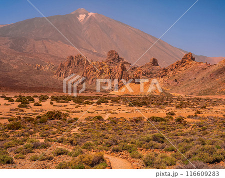 spot in Tenerife with many red rocks and beautiful mountain landscape background 116609283