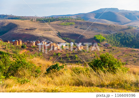 Clay houses of Malagasy, local residents on hillsides Clay houses of Malagasy, local residents on hillsides 116609396