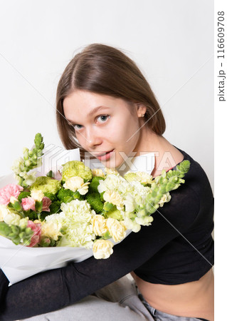 jeans cake smile hair flowers white beautiful girl happy female model fashion fresh jeans cake smile hair flowers white beautiful girl happy female model fashion fresh 116609708