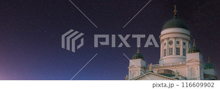 Helsinki, Finland. Night Starry Sky above Lutheran Cathedral On Senate Square. Famous Landmark In Finnish Capital. Bright Dramatic Night Stars Sky. Panorama. Night Dark Blue Sky Glowing Stars Helsinki, Finland. Night Starry Sky above Lutheran Cathedral On Senate Square. Famous Landmark In Finnish Capital. Bright Dramatic Night Stars Sky. Panorama. Night Dark Blue Sky Glowing Stars 116609902
