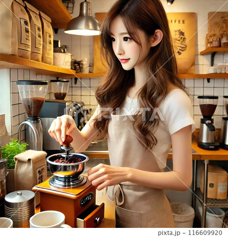 カフェスタイルのキッチンでコーヒーを淹れている女性を生成で描きました カフェスタイルのキッチンでコーヒーを淹れている女性を生成で描きました 116609920