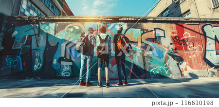 Two men stand before colorful graffiti on a wall 116610198