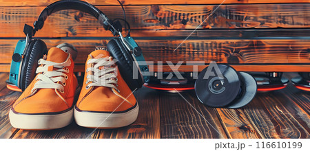 A pair of headphones placed next to a pair of orange sneakers 116610199