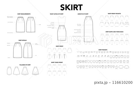 Set of Skirt details diagrams - Length, Measurement, Fullness, Pockets on pants styles technical fashion illustration 116610200