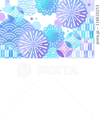 青色の和柄と花火のハガキテンプレート 116610253