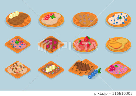 3D Isometric Flat Vector Illustration of Homemade Pastry, Assorted Belgian Waffles with Fresh Berries, Cream, and Icecream 3D Isometric Flat Vector Illustration of Homemade Pastry, Assorted Belgian Waffles with Fresh Berries, Cream, and Icecream 116610303