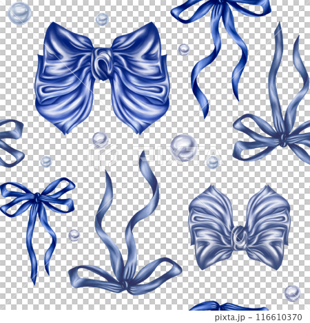 Seamless pattern of blue satin bows made of thin smooth ribbon. Decorations for holidays, birthdays. Design element for holidays, packaging, clothes, interior. Digital isolated illustration 116610370