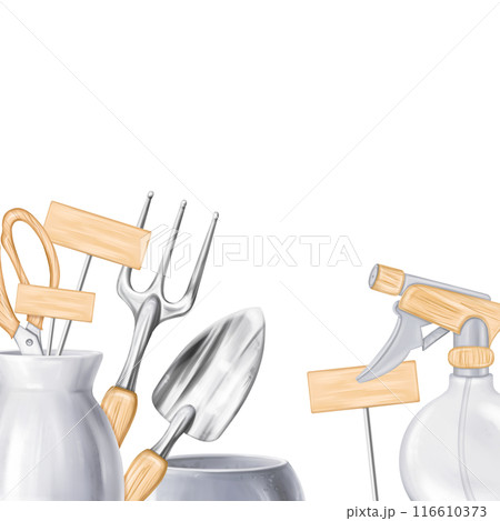 A border of tools a rake, a shovel, a sprayer, pot. Equipment for gardens, greenhouses, florists, tools for landscaping. Agriculture, cultivation of plants, flowers. Digital isolated illustration 116610373