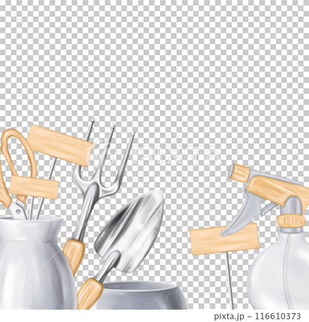 A border of tools a rake, a shovel, a sprayer, pot. Equipment for gardens, greenhouses, florists, tools for landscaping. Agriculture, cultivation of plants, flowers. Digital isolated illustration 116610373