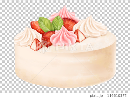 Festive sponge cake decorated with meringue, fresh strawberries. Pastry dessert with cream for birthday, home parties. A fruit pie from the bakery. A sweet berry gift. Digital isolated illustration 116610375