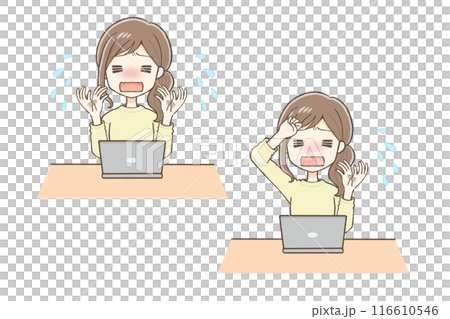 私服の女性がパソコン前で暑がっている 116610546