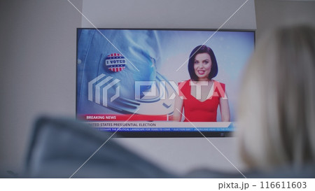 Big flat screen TV monitor with displayed news about elections Big flat screen TV monitor with displayed news about elections 116611603