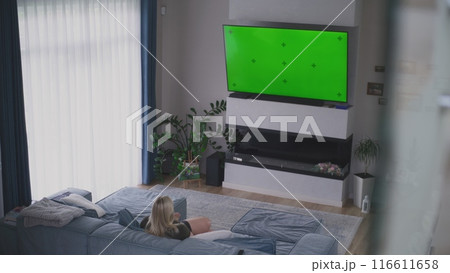 Big TV with mockup template and isolated green chroma key 116611658